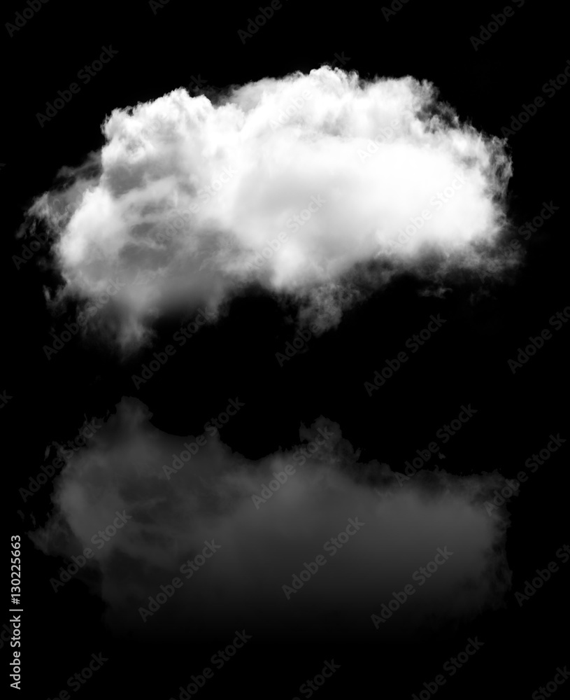 Single white fluffy cloud with its reflection flying over black Single white fluffy cloud with its reflection flying over black