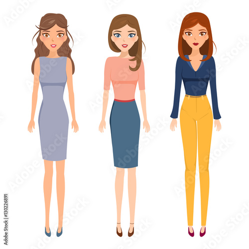 young women in elegant office clothes. vector business people character.