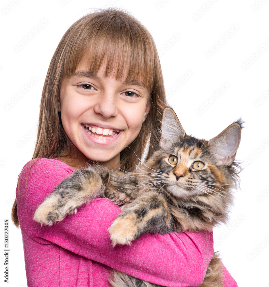 Little girl with Maine Coon kitten Little girl with Maine Coon kitten