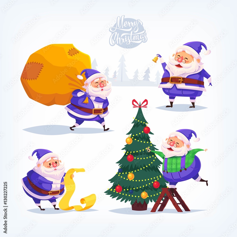 Collection of cartoon vector blue suit Santa Claus icons. Christmas illustration