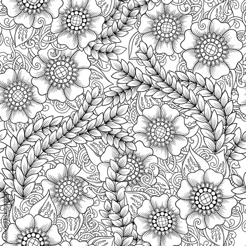 Seamless floral doodle black and white background pattern. Islam, Arabic, Indian, ottoman motifs design tribal pattern.