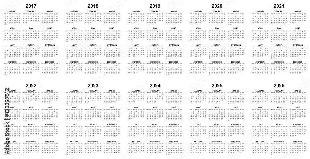 Simple editable vector calendars for year 2017 2018 2019 2020 2021 2022 2023 2024 2025 2026 mondays first - obrazy, fototapety, plakaty 