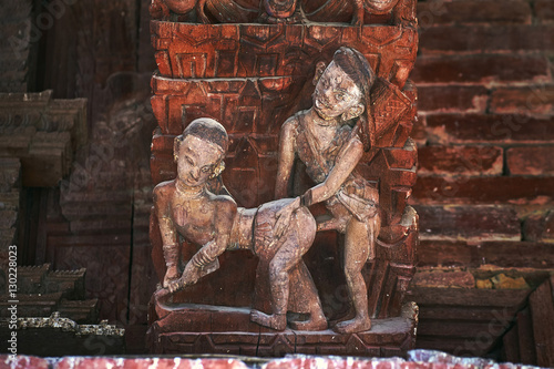 Erotic kamasutra carvings on the roof of Jagannath Temple on Durbar square in Kathmandu