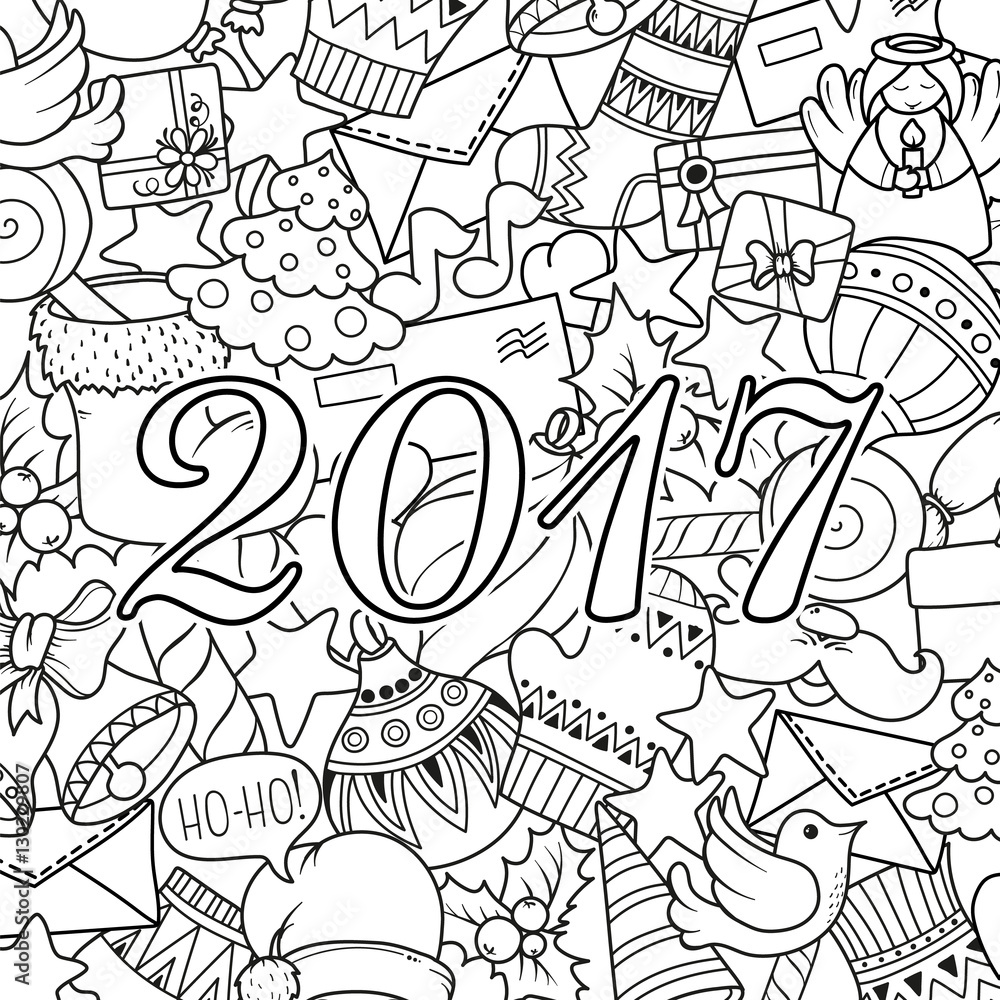 Obraz premium Merry christmas set of xmas monochrome pattern and text templates. Holiday greeting cards, coloring book page.