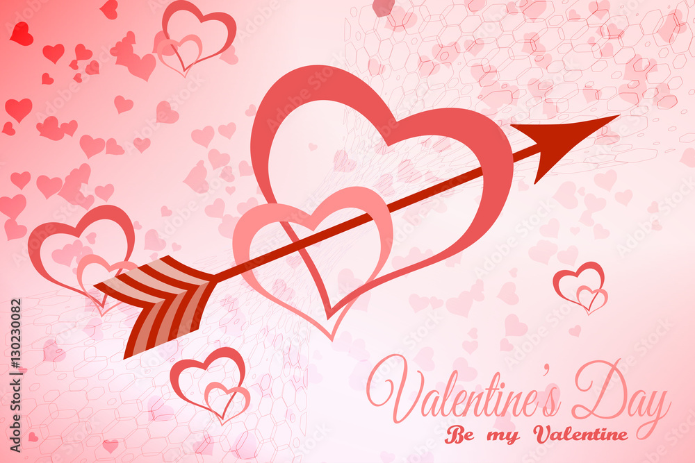 Vector illustration of the Valentine's Day light red background with an arrow and heart silhouettes.