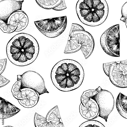 VEctor seamless pattern of citrus fruits. Orange, lemon, lime and bloody orange slices. white background.