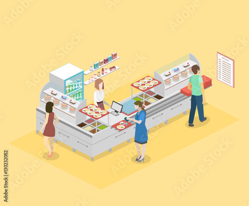 Isometric flat 3D vector interior of a coffee shop or canteen.