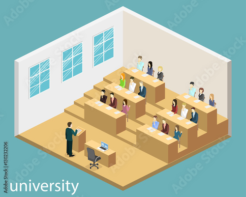 Isometric flat 3D concept vector interior university auditorium.