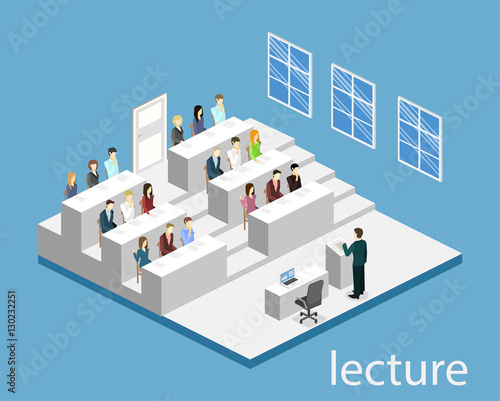 Isometric flat 3D concept vector interior university auditorium.