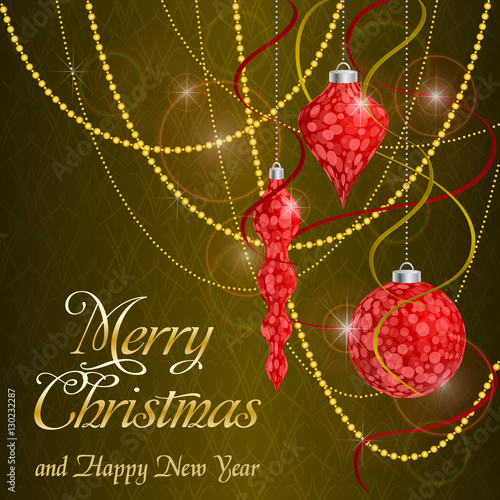 Red Christmas tree decorations on a gold background