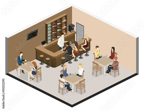 Isometric 3D flat interior of bar or pub.