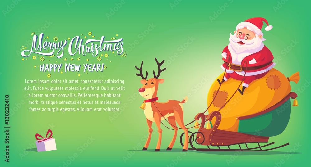 Cute cartoon Santa Claus sitting in sleigh with reindeer Merry Christmas vector illustration horizontal banner