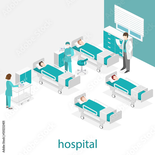 Isometric flat interior of hospital room. Doctors treating the patient.