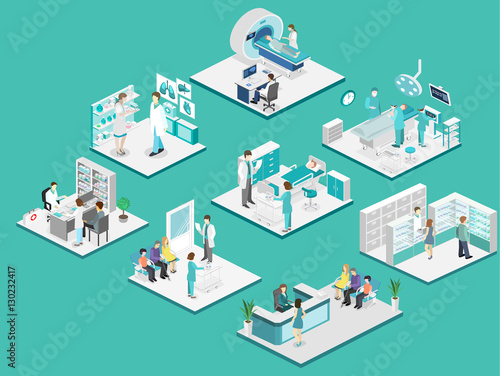 Isometric flat interior of hospital room, pharmacy, doctor's office,
