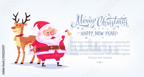 Cute cartoon Santa Claus ringing bell with reindeer Merry Christmas vector illustration horizontal banner