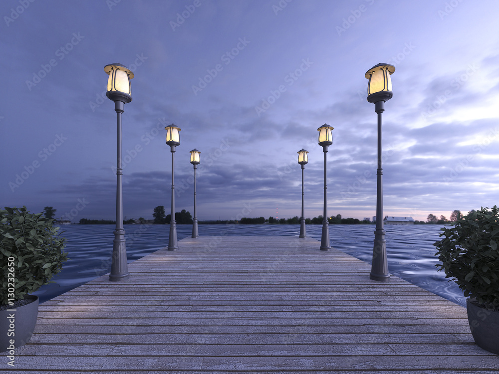 3d rendering wood pier near sea with lamp post in twilight scene