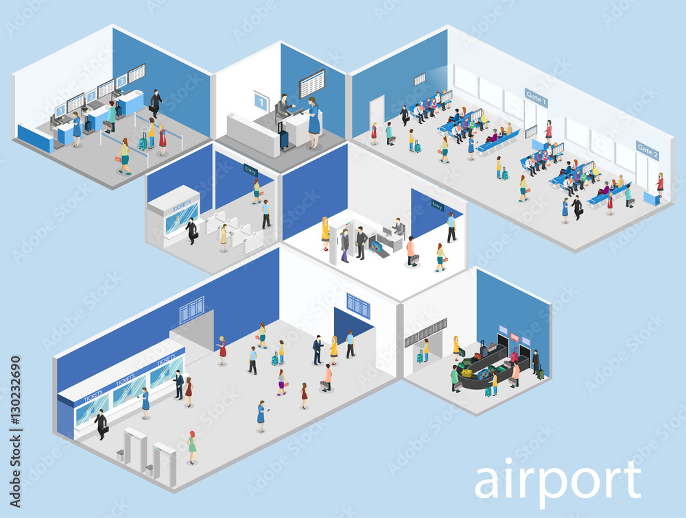 Isometric flat 3D concept vector interior of airport Isometric flat 3D concept vector interior of airport