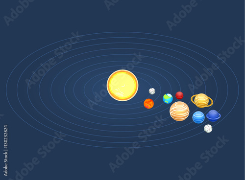 Isometric flat 3D vector solar system showing planets around sun