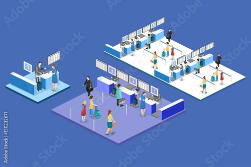 Isometric flat 3D vector interior of airport check-in.