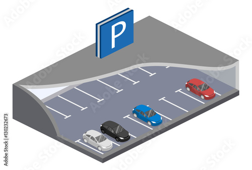 Isometric flat 3D concept vector underground parking with cars.