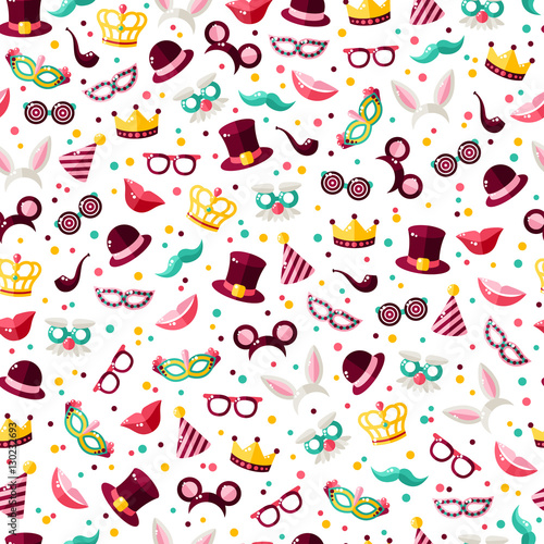 Seamless pattern with carnival mask and confetti