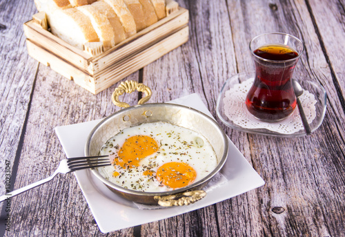 Turkish Breakfast - Fried Egg, Bread, Salad and Tea