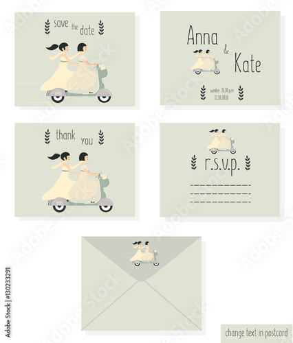 Just married lesbian wedding couple riding motobike, wedding invitation cards set