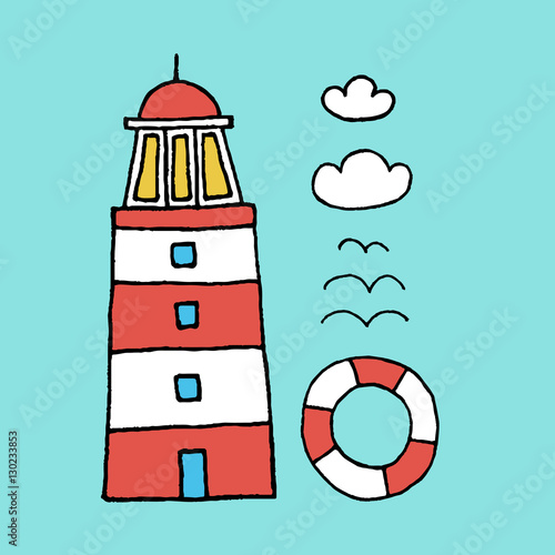 The lighthouse, seagulls, lifebuoy and clouds. Hand drawing vector illustration