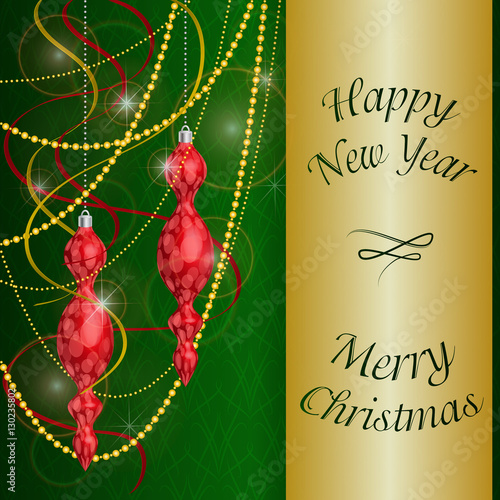 Red Christmas tree decorations on a gold background, with text