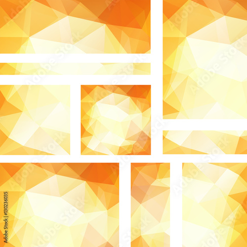 Vector banners set with yellow, white, orange polygonal abstract triangles. Abstract polygonal low poly banners.