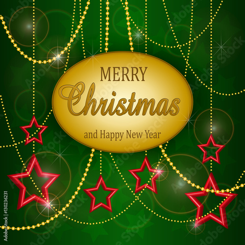 Red Christmas tree decorations on a green background, with text