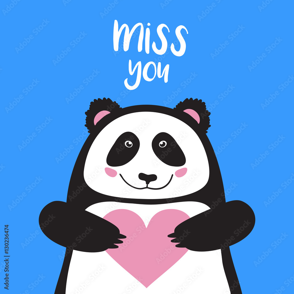 vector card, banner lettering letters I miss you, cartoon panda holding  heart and smiling, saying emotions, feelings, print on T-shirt Stock Vector  | Adobe Stock