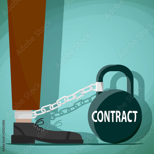 Man chained to the weight with the word contract. Stock vector i