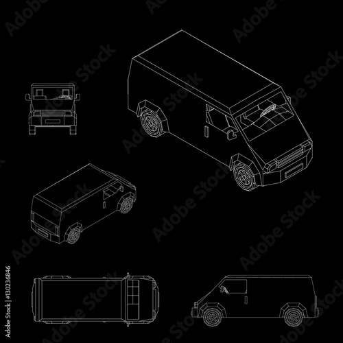 Polygonal minibus. Isolated on black background. Vector outline