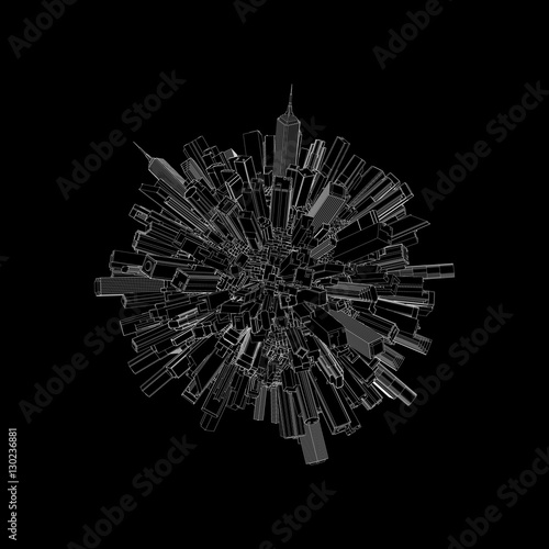 3d city sphere.  Vector outline illustration.
