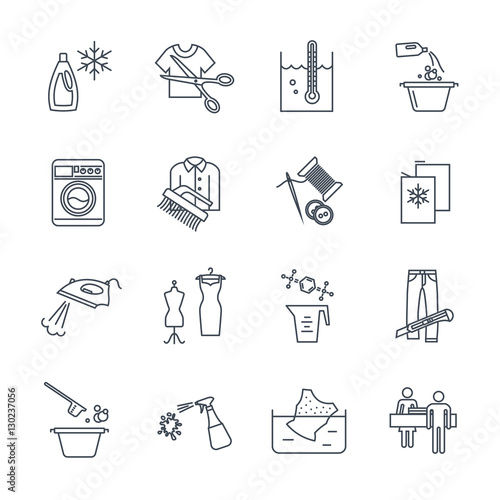set of thin line icons dry cleaning and laundry service producti