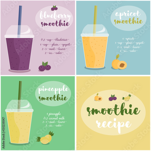 Vector illustration of Apricot  Blueberry and Pineapple Smoothie recipe with ingredients Set. 