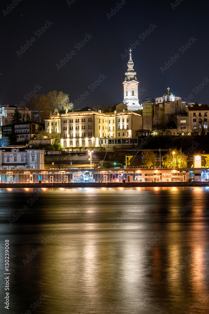 Night view of church across the river