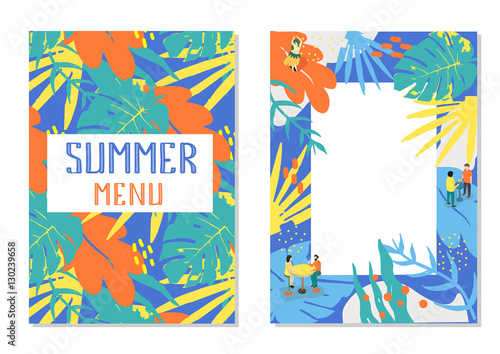 Summer menu for your cafe or summer party Tropical abstract drawing with empty place for your text.