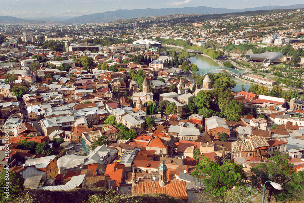 Cityscape of historical center of Tbilisi with medieval churches and river Kura, Georgia country