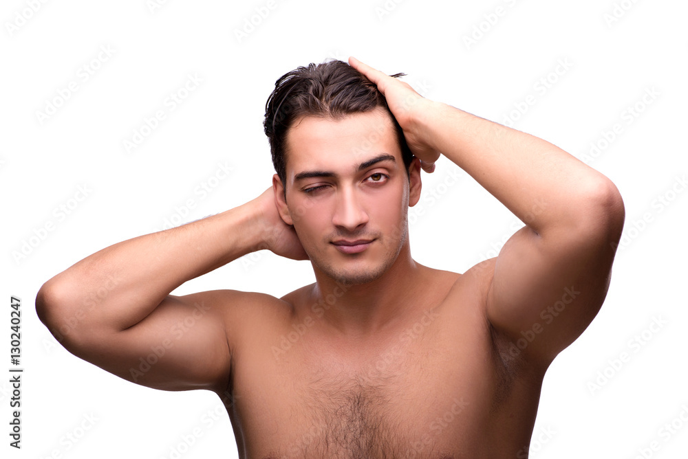 Fototapeta premium Handsome man after shower isolated on white