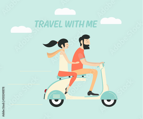 Just married wedding couple riding scooter