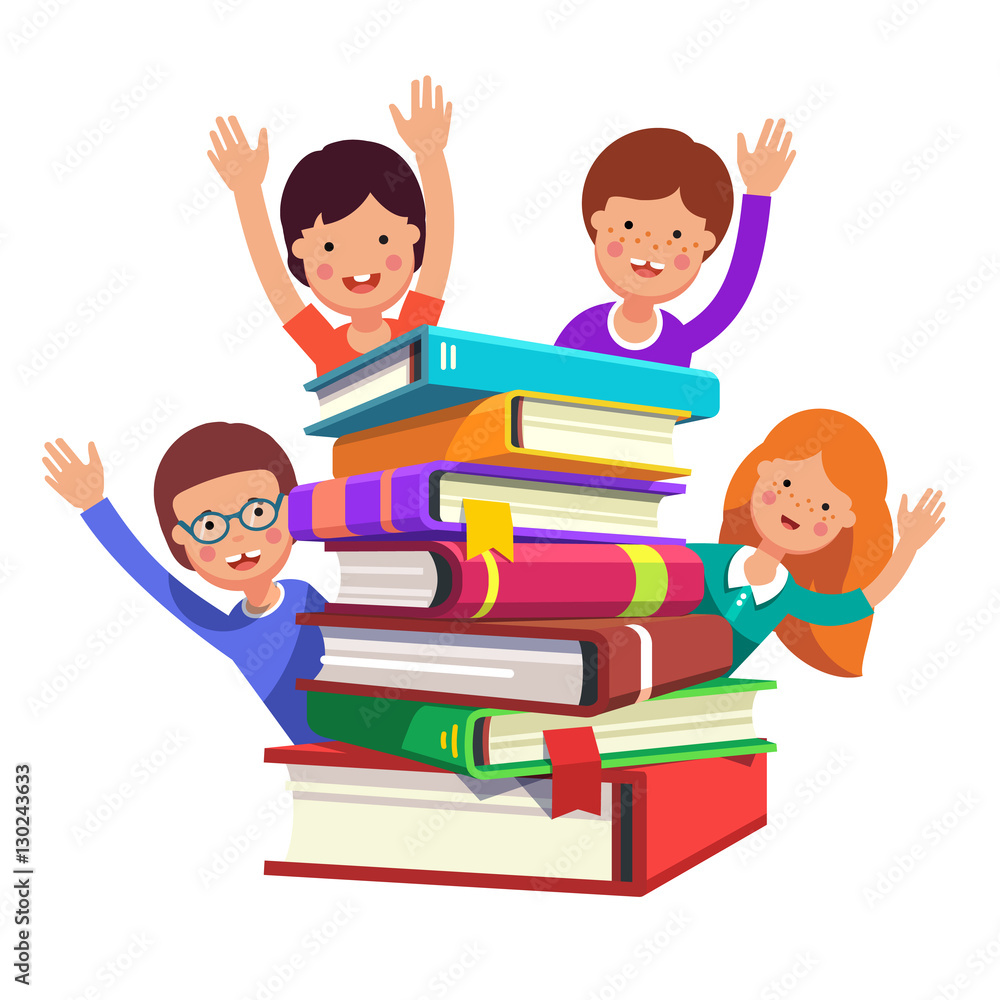 Smart kids waving hands from the book pile Smart kids waving hands from the book pile