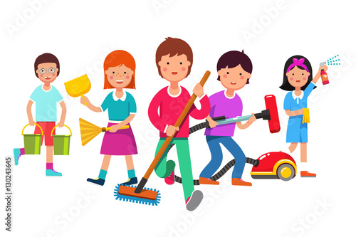Kids cleaning team doing household chores
