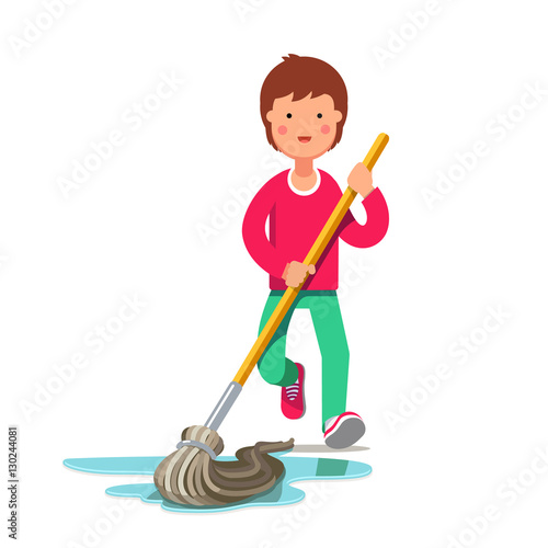 Kid cleaning floor with dust mop wet broom