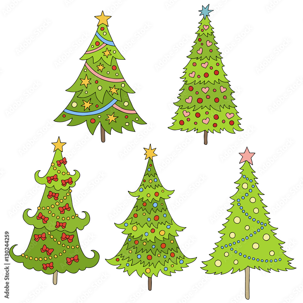 Set of doodle trees illustration. Festive background. Template for postcards, greetings, advertising. Colorful Christmas trees. 2017 new year.