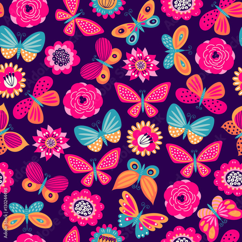 Fototapeta Seamless pattern with butterflies and flowers. Freehand drawing
