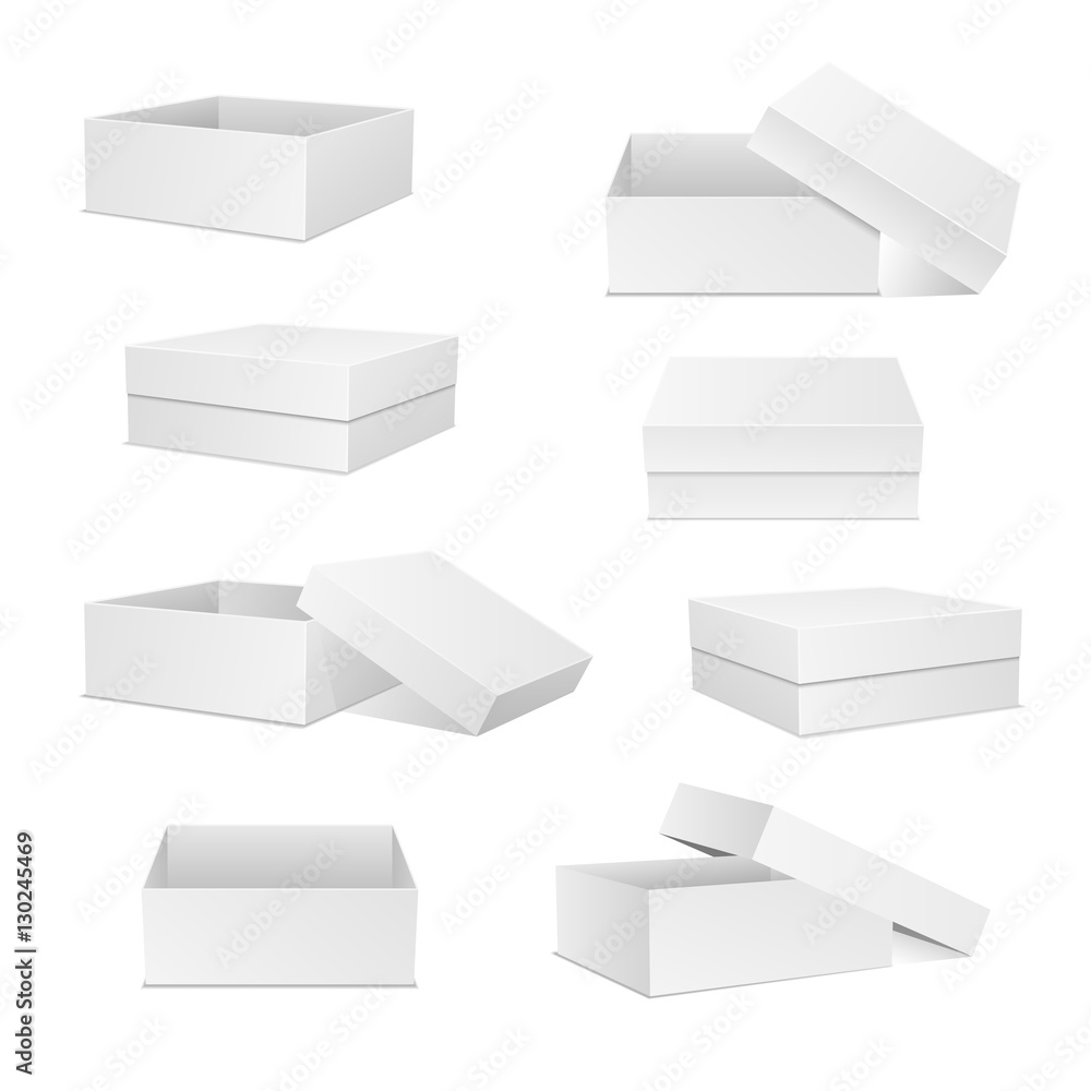 White boxes collection. Square box set. Open and closed presents. Cardboard packaging in front