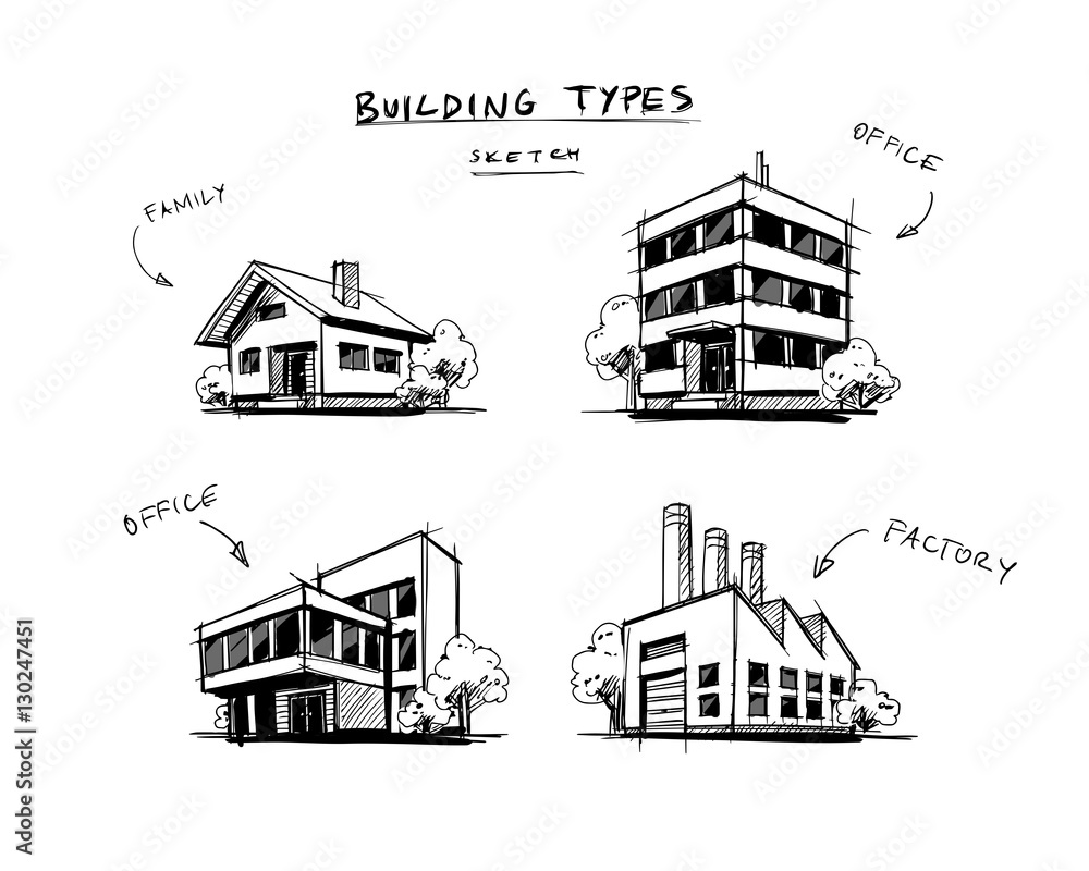 Set of Four Buildings Types Hand Drawn Cartoon Illustration