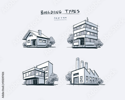Set of Four Buildings Types Hand Drawn Cartoon Illustration